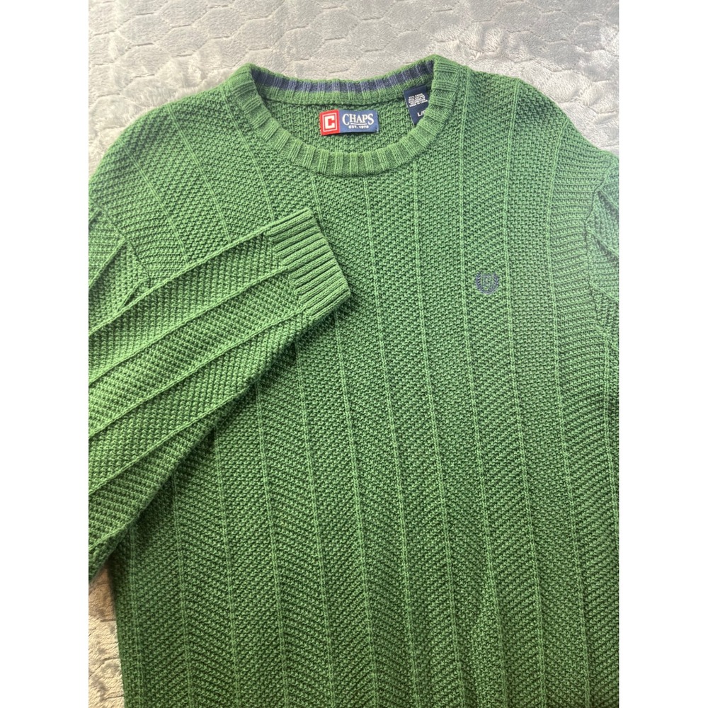 Chaps Sweater Mens Large Green Ribbed Textured Knit Cotton Ramie Crewneck L